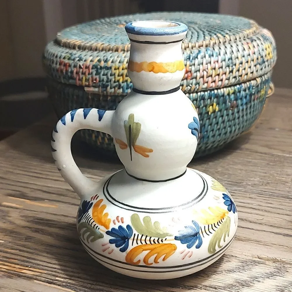 Talavera Pottery Hand Painted Floral Candlestick with Handle Vintage